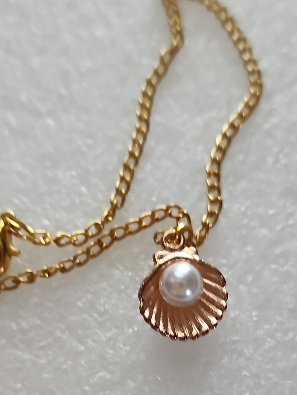 Hand Crafted Gold-Tone Shell Bracelet / Anklet with White Pearl Accent